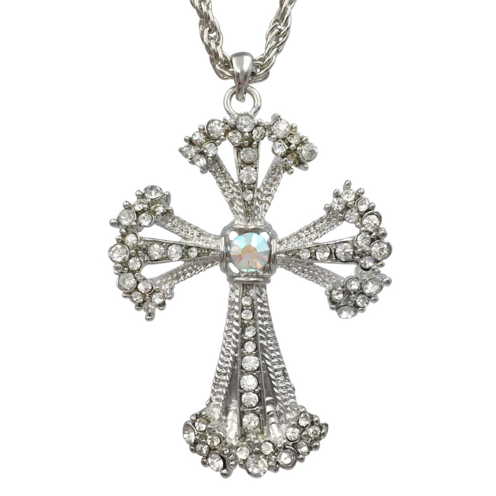 Rhinestone Christian Cross Silver Tone Necklace